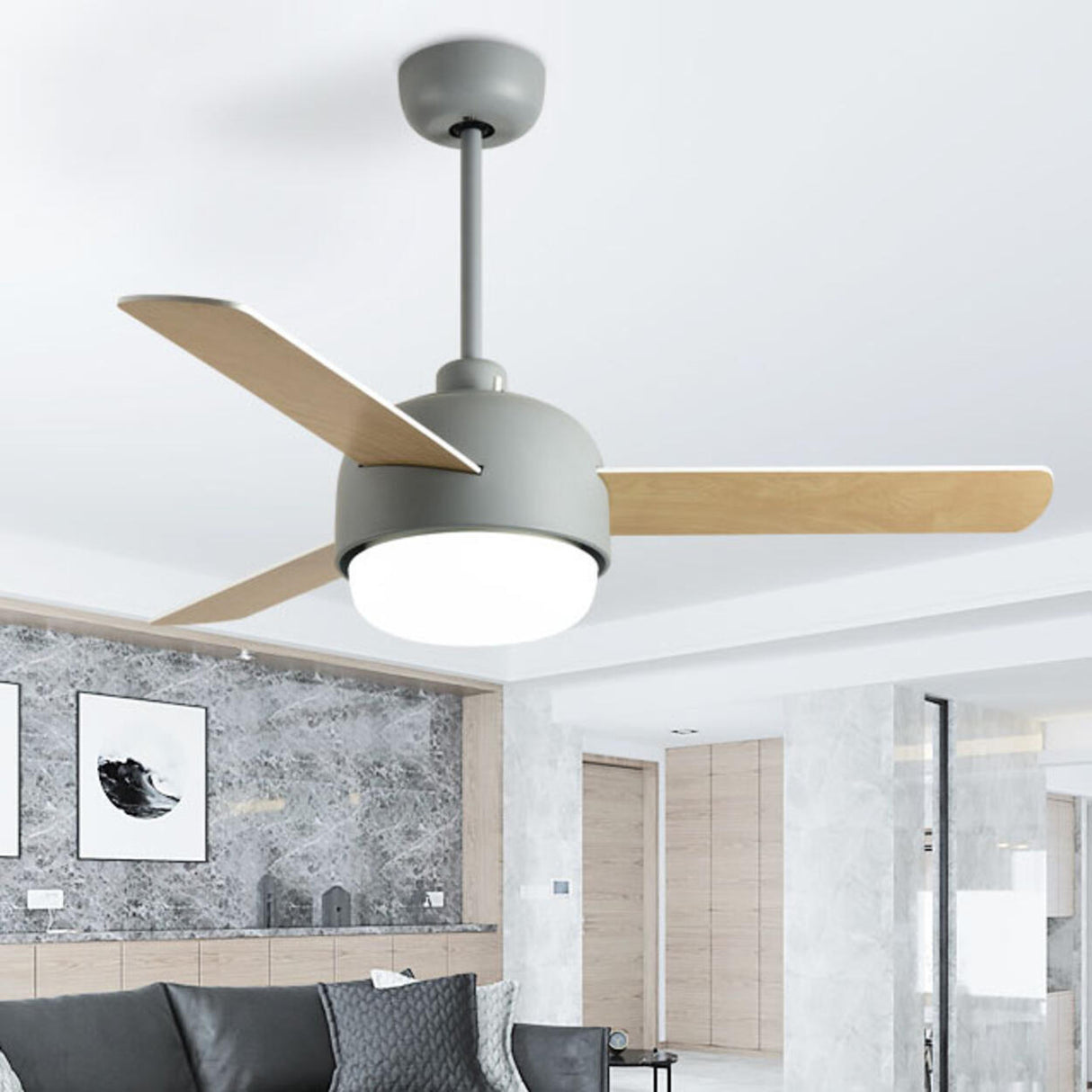 Simple Remote Dimmable 3 Blades Wood Ceiling Fan Light Image - 1