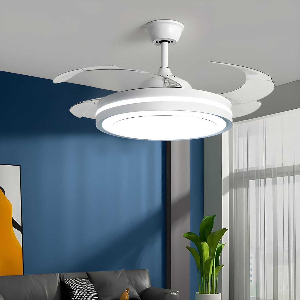 Simple Remote White Retractable Ceiling Fan with Light Image - 2