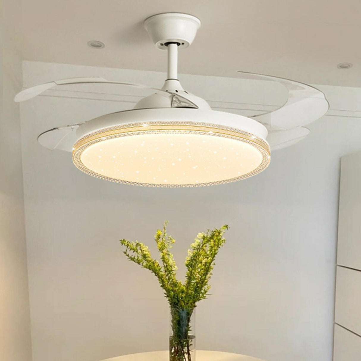 Simple Retractable Blades White LED Ceiling Fan Light Image - 2