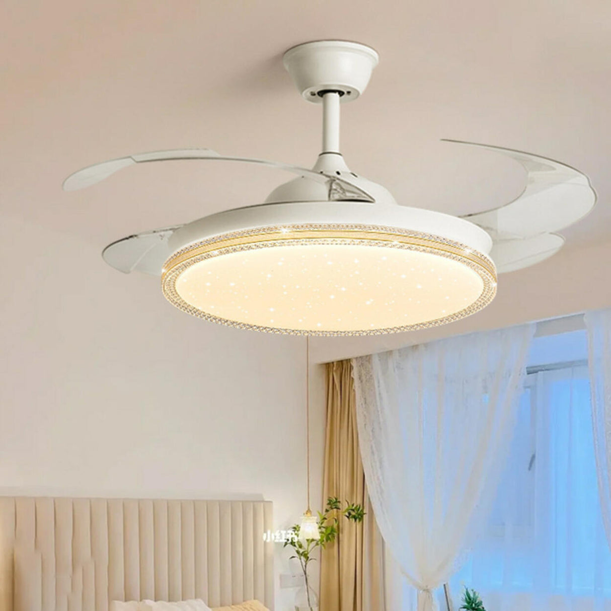 Simple Retractable Blades White LED Ceiling Fan Light Image - 3