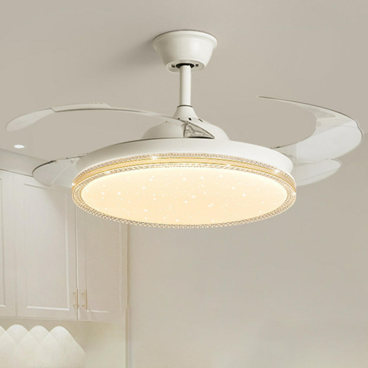 Simple Retractable Blades White LED Ceiling Fan Light Image - 9