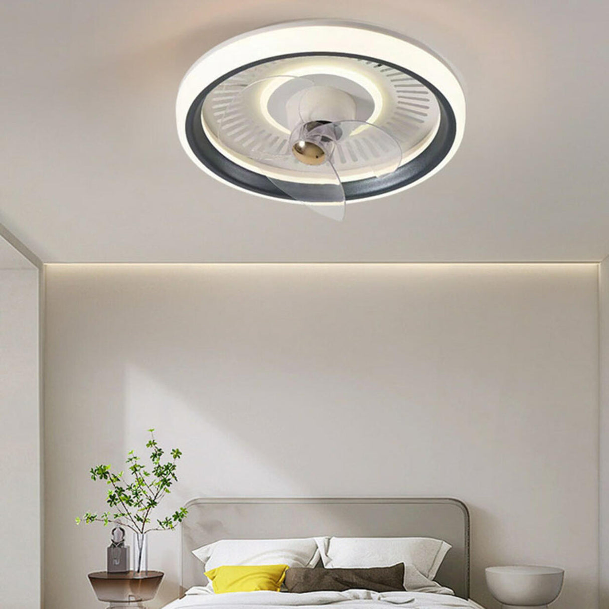 Simple Round Dimming Flush Mount Light with Fan Image - 2