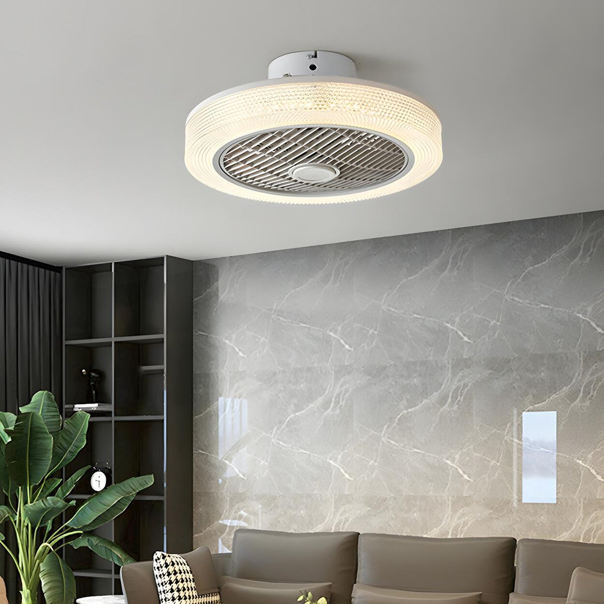 Simple Round Drum Flush Bladeless Ceiling Fan Light Image - 21