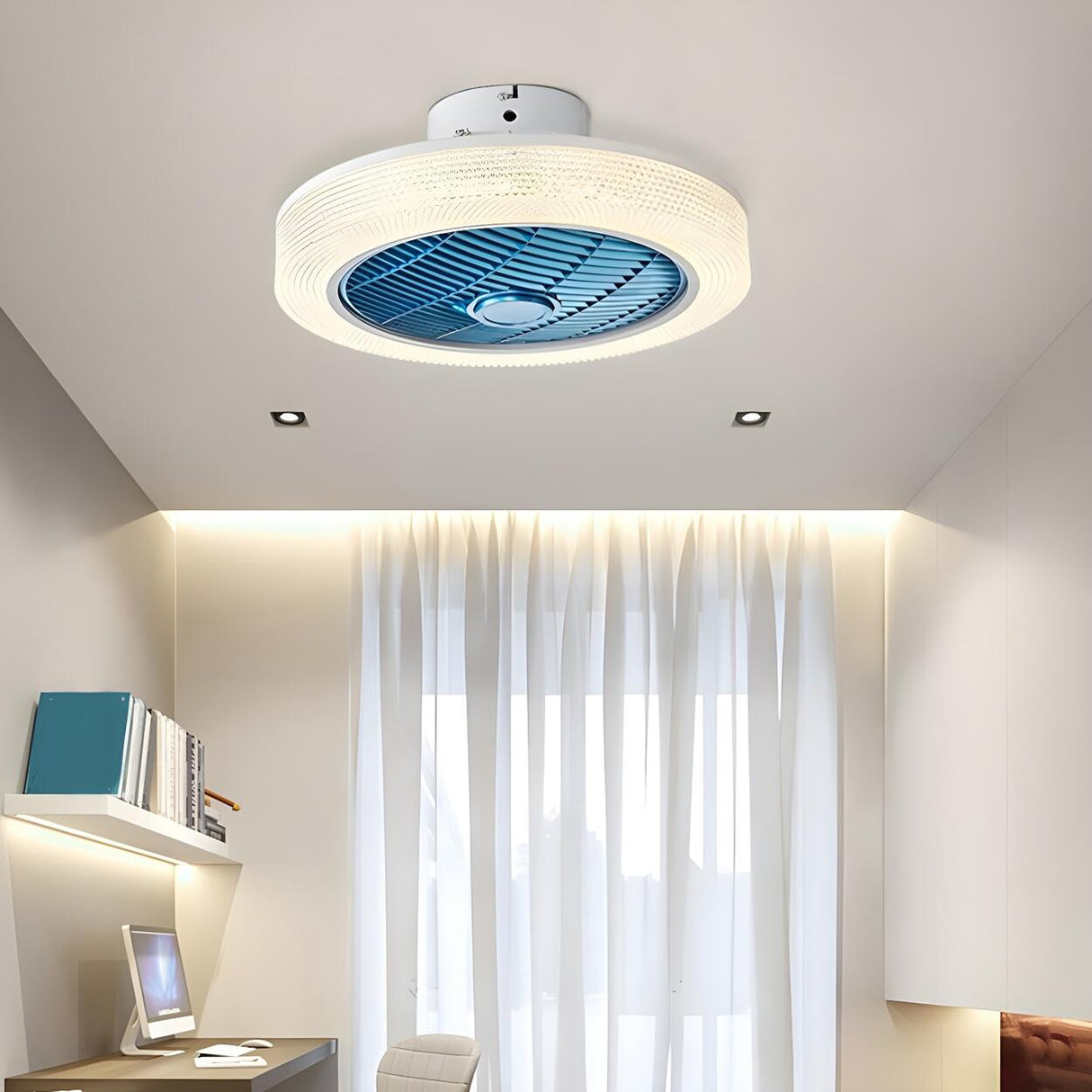 Simple Round Drum Flush Bladeless Ceiling Fan Light Image - 6