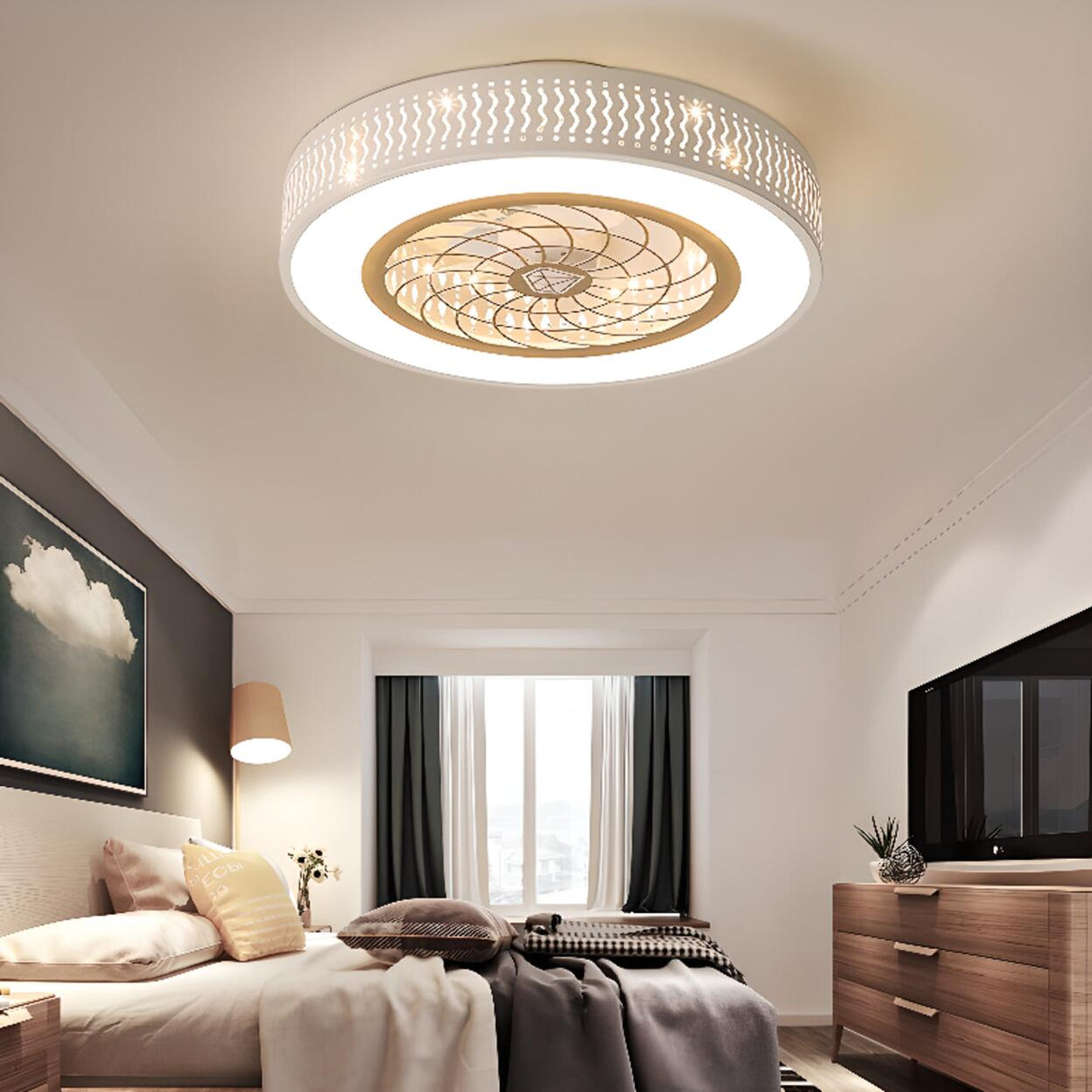 Simple Round Flush Mount Ceiling Fan with LED Light Image - 6