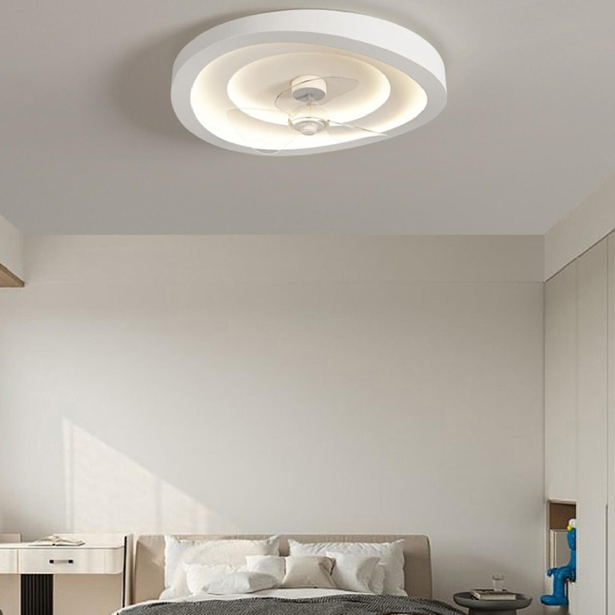 Simple Round Flush White Ceiling Fan with LED Light Image - 1