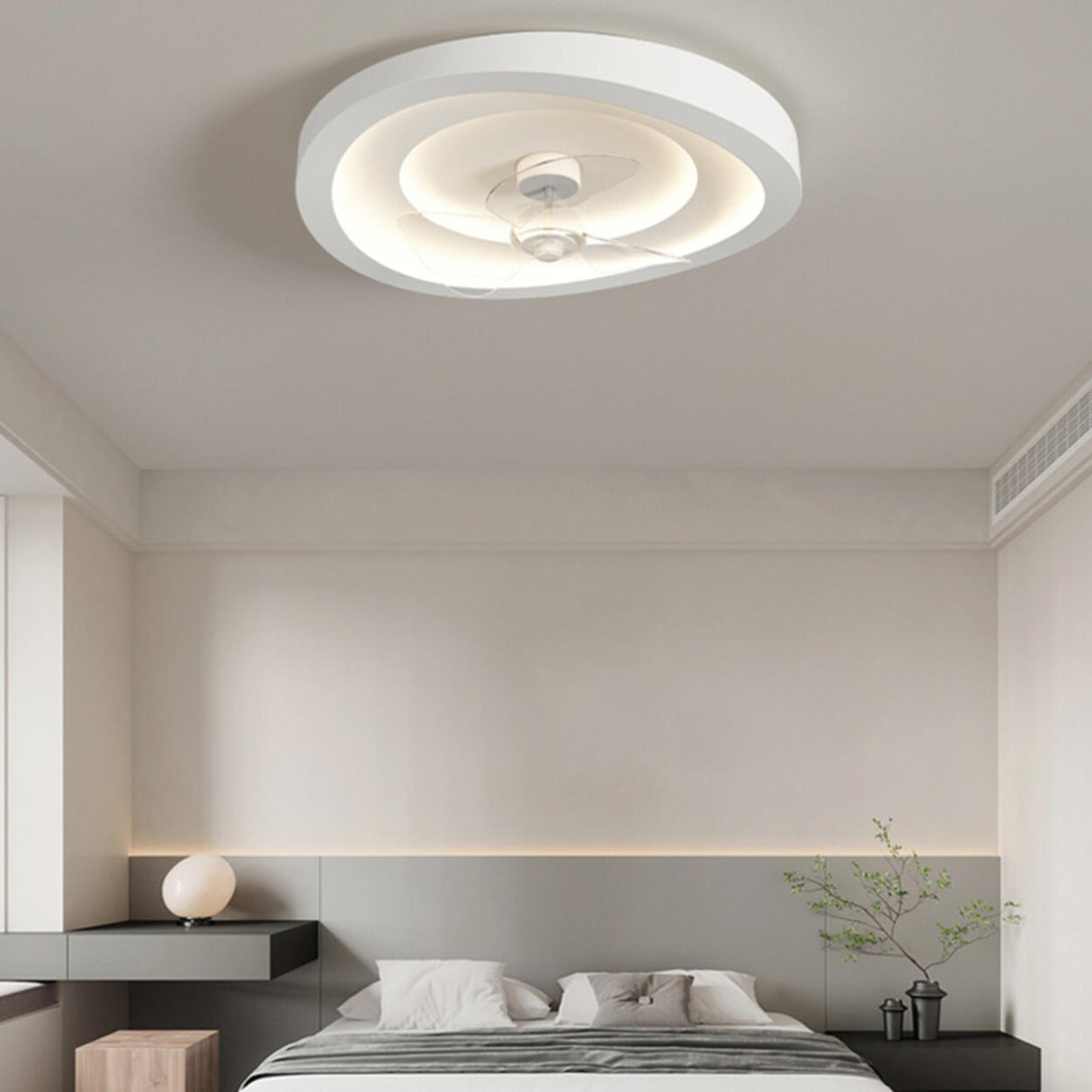 Simple Round Flush White Ceiling Fan with LED Light Image - 2