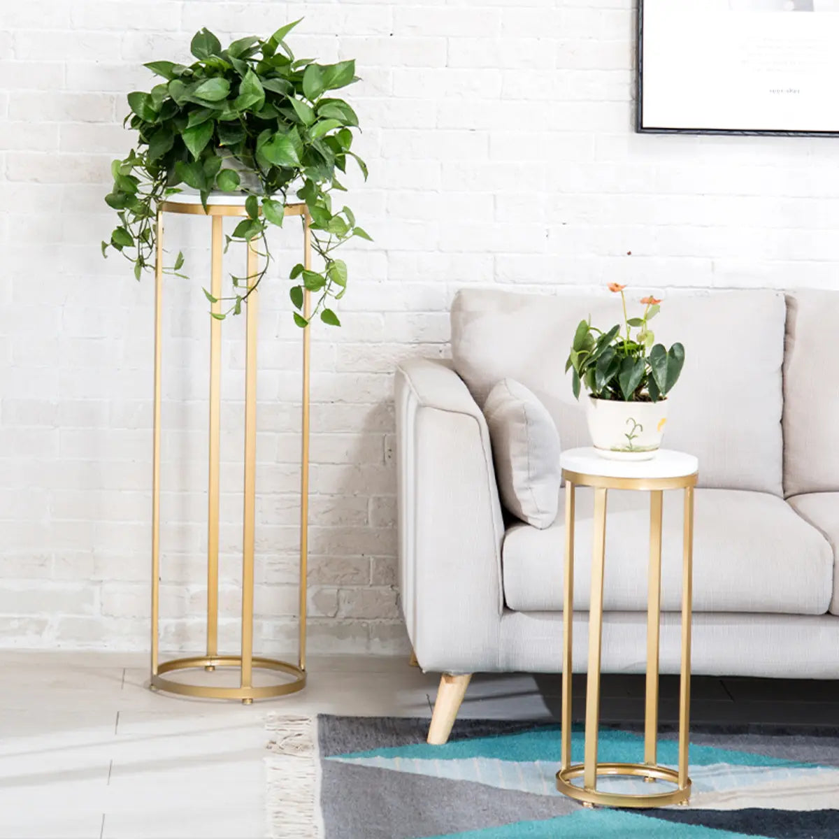 Simple Round Gold Marble Base Metal Nesting Plant Stand Image - 6