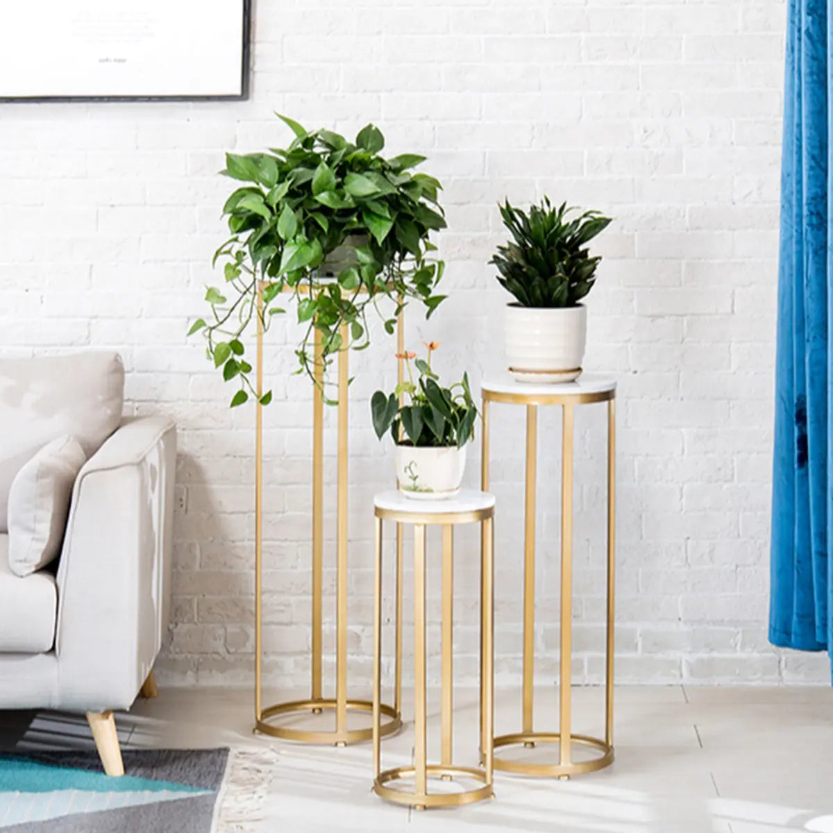 Simple Round Gold Marble Base Metal Nesting Plant Stand Image - 7