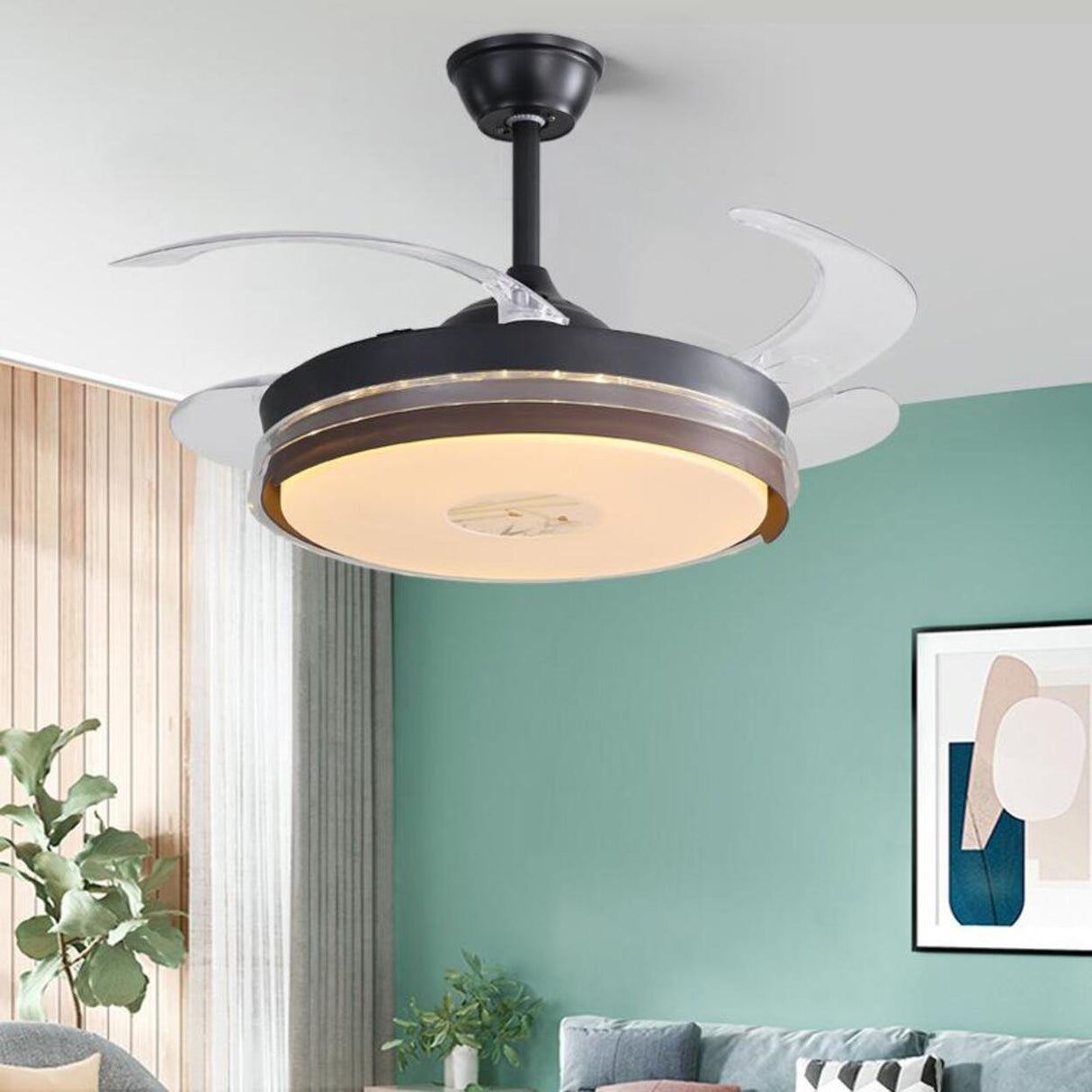 Simple Round Retractable Blade Ceiling Fan with Light Image - 1