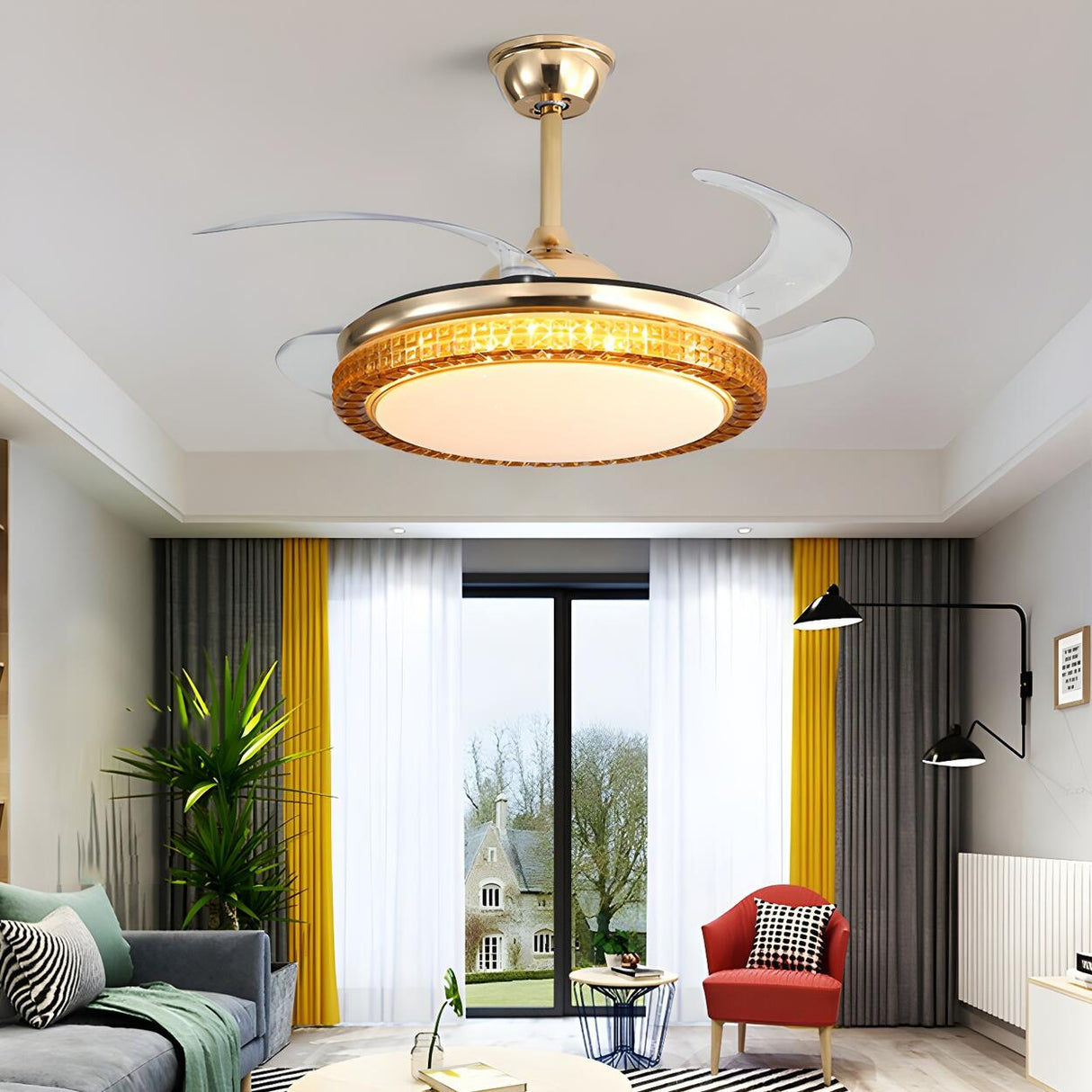 Simple Round Retractable Blade Ceiling Fan with Light Image - 4