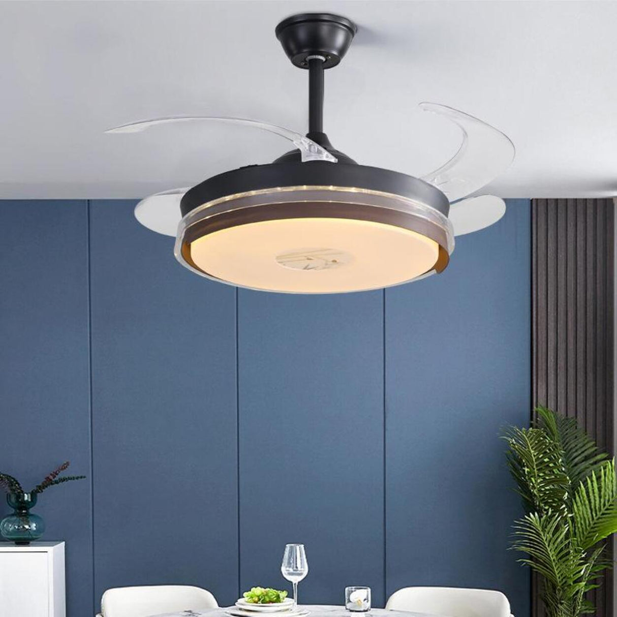 Simple Round Retractable Blade Ceiling Fan with Light Image - 6