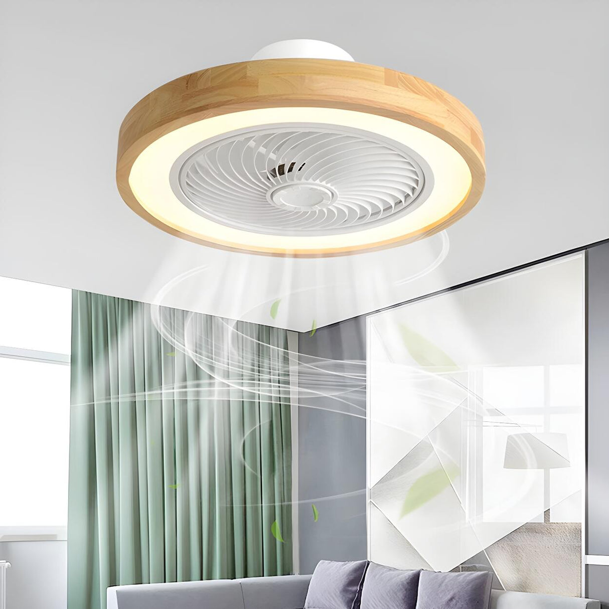 Simple Round Wood Bladeless Ceiling Fan with LED Light Image - 16