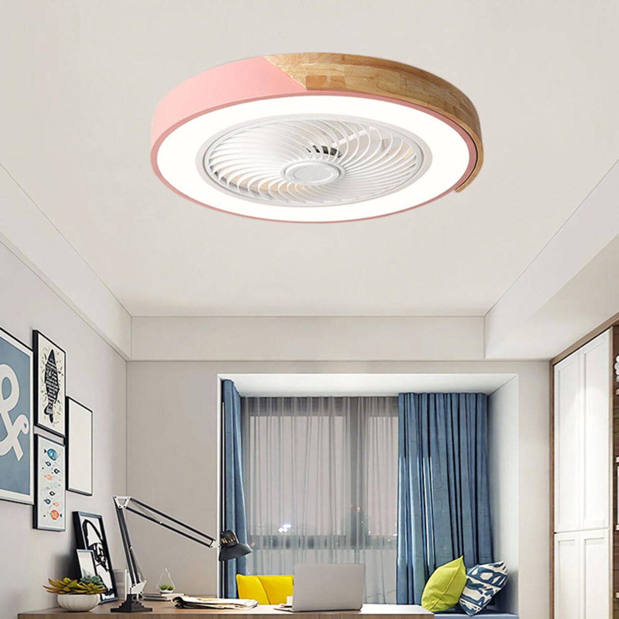 Simple Round Wood Bladeless Ceiling Fan with LED Light Image - 5