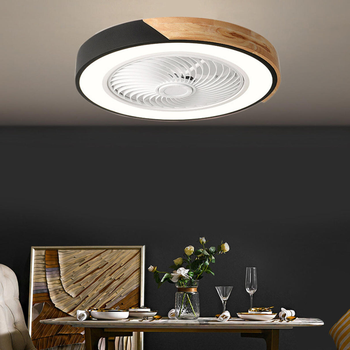 Simple Round Wood Bladeless Ceiling Fan with LED Light Image - 8