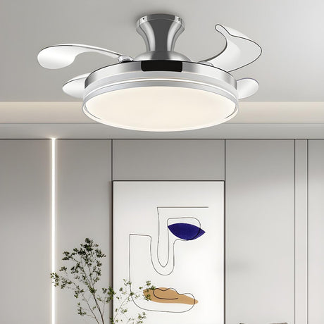 Simple Silver Retractable Blade Drum Ceiling Fan Light Image - 1