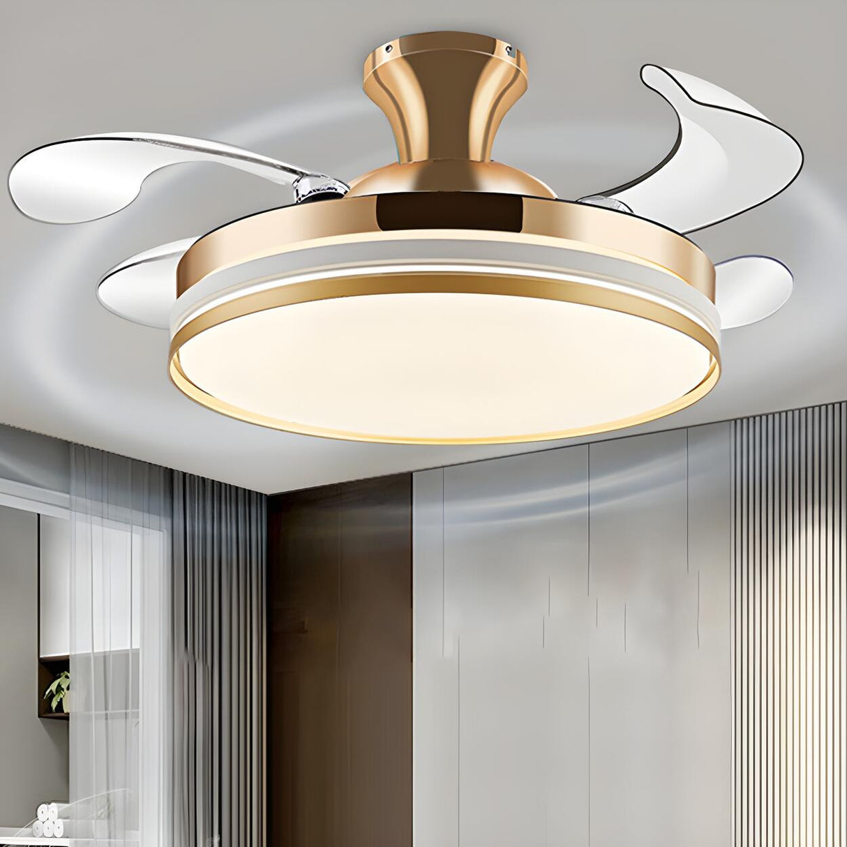 Simple Silver Retractable Blade Drum Ceiling Fan Light Image - 11