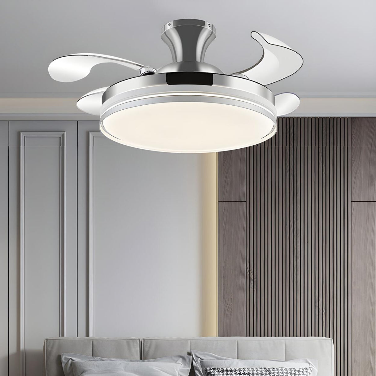 Simple Silver Retractable Blade Drum Ceiling Fan Light Image - 13