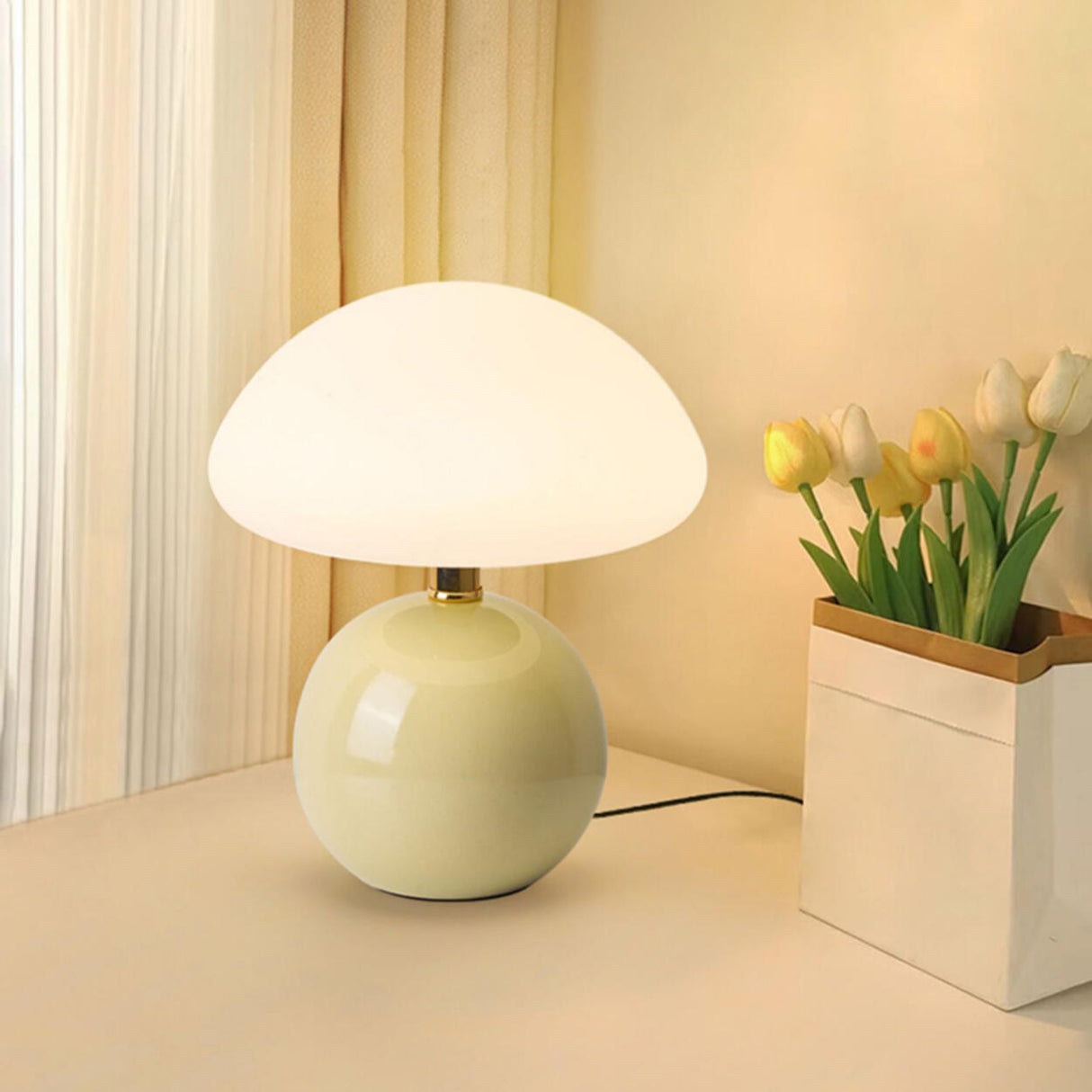 Simple Sleek Green Ceramic Round Base LED Table Lamp Image - 1