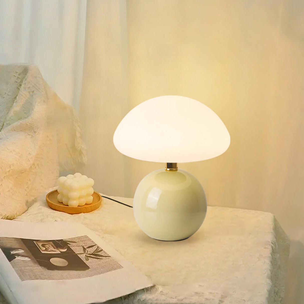 Simple Sleek Green Ceramic Round Base LED Table Lamp Image - 7