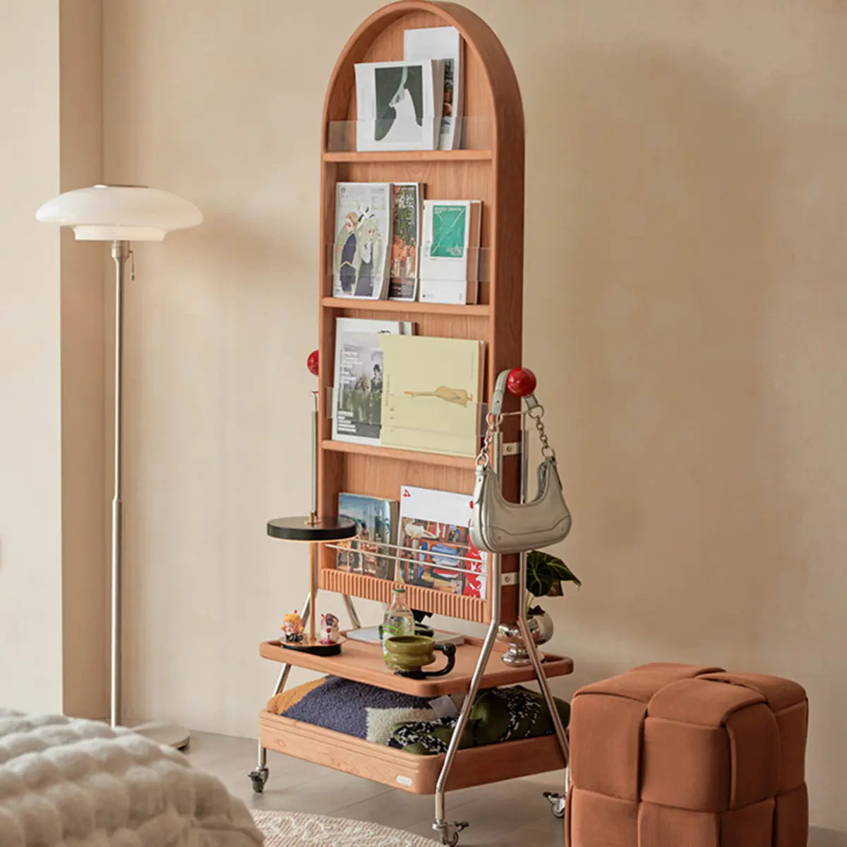 Simple Sliding Wood Arched Multi-Tier Storage Bookshelf Image - 2