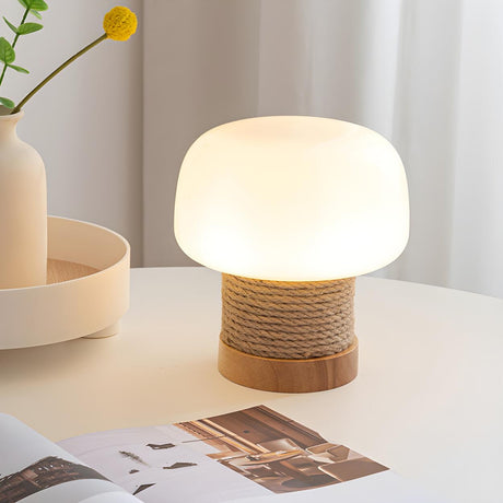 Simple Small White Glass Shade Rope-Wrapped Table Lamp Image - 1