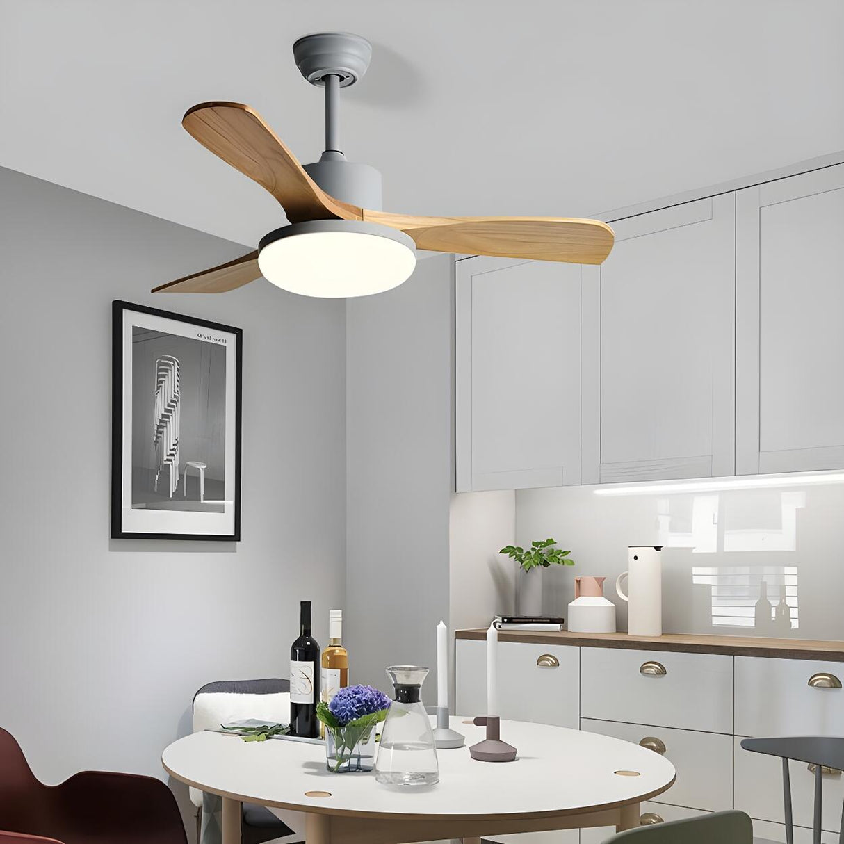 Simple Solid Wood 3 Blade Modern Ceiling Fan with Light Image - 4