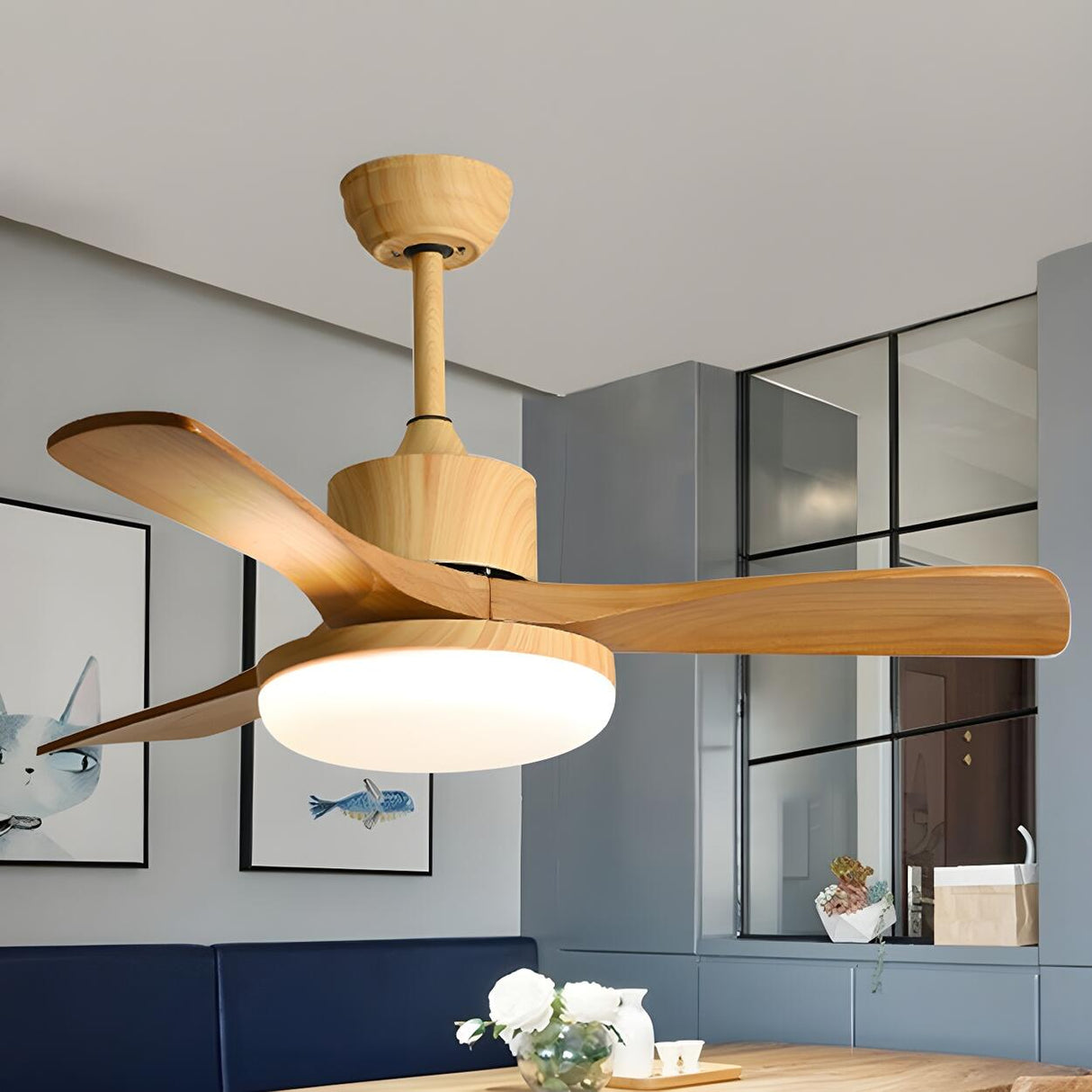 Simple Solid Wood 3 Blade Modern Ceiling Fan with Light Image - 7