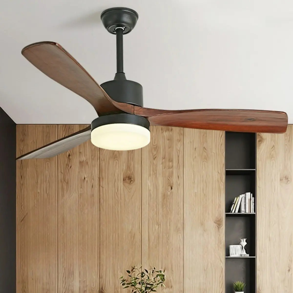 Simple Solid Wood 3 Blade Propeller Ceiling Fan Light Image - 6