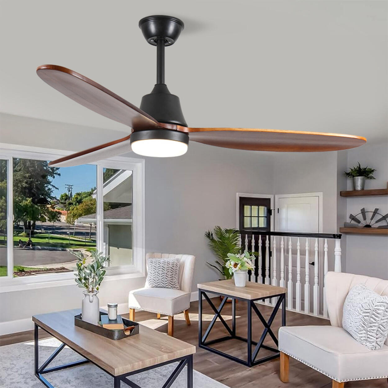 Simple Solid Wood 3 Blades Ceiling Fan with LED Light Image - 2