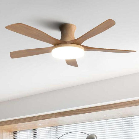 Simple Solid Wood Blade Ceiling Fan with LED Light Image - 1