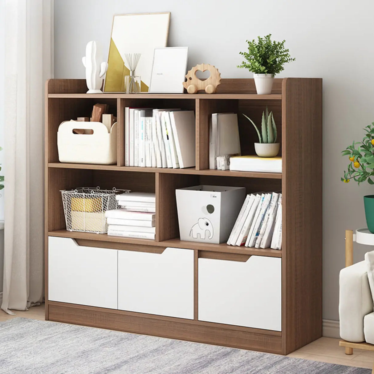 Simple Solid Wood Modern Rectangular Wide Bookcase Image - 12