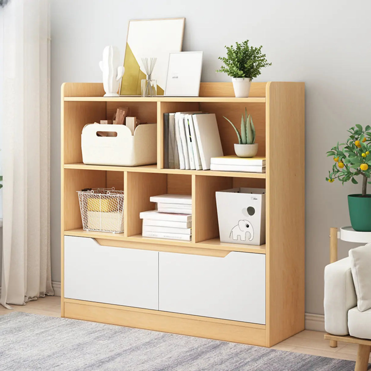 Simple Solid Wood Modern Rectangular Wide Bookcase Image - 23