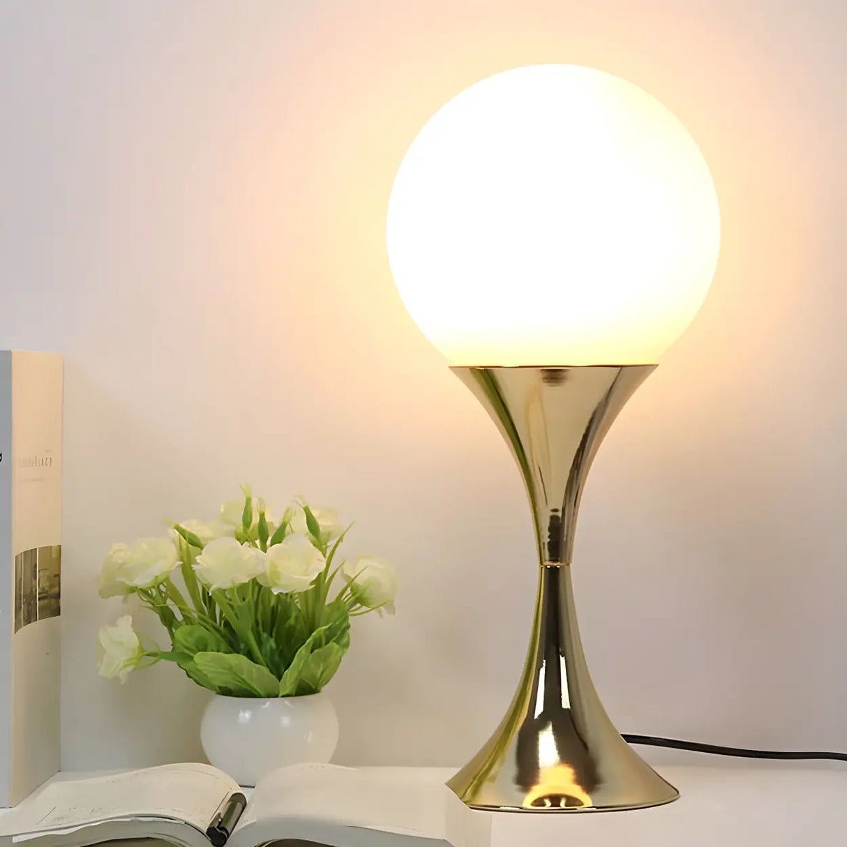 Simple Spherical Glass Nightstand Gold Base Table Lamp Image - 14