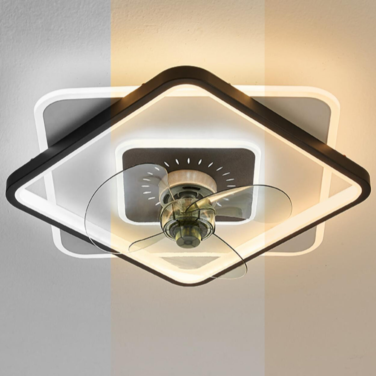 Simple Square Clear Blade Geometric Ceiling Fan Light Image - 10