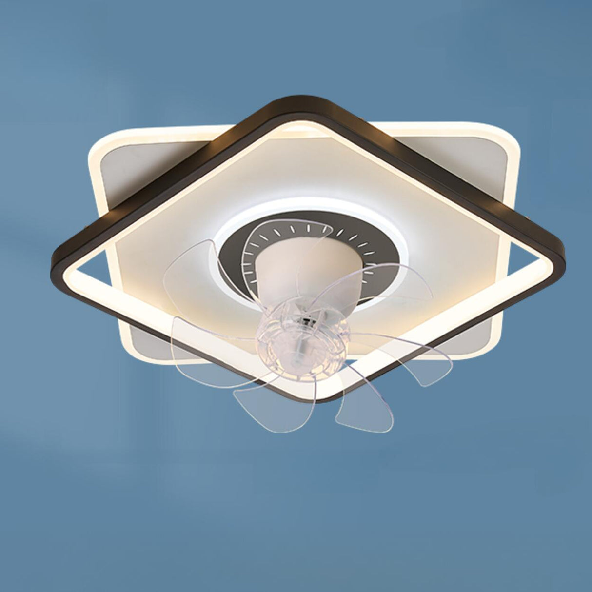 Simple Square Clear Blade Geometric Ceiling Fan Light Image - 11