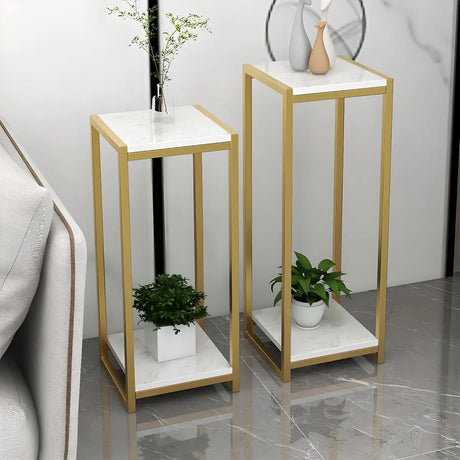 Simple Square Faux Marble Nesting Plant Stand White Image - 1