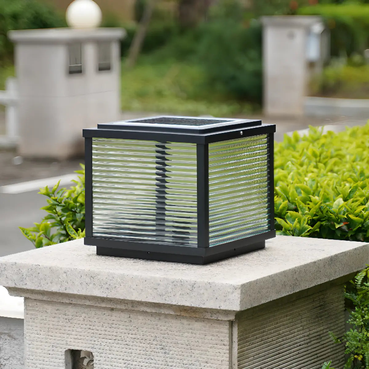 Simple Square Glass Black Metal Solar Outdoor Lamp Image - 6