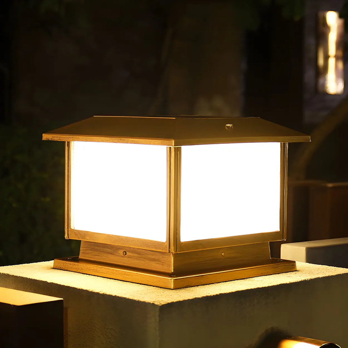 Simple Square Metal Bronze Finish Outdoor Table Lamp Image - 1