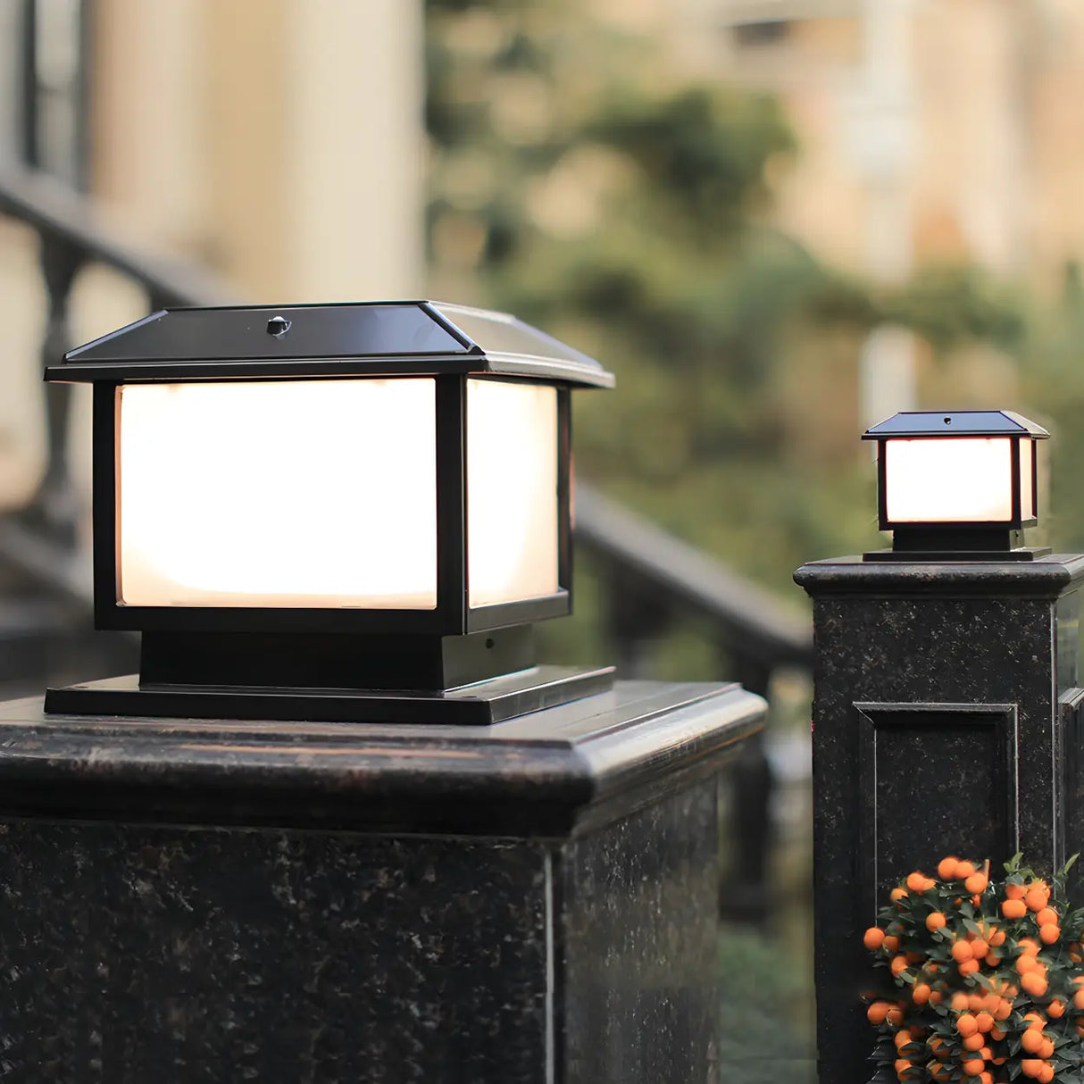 Simple Square Metal Outdoor Post Lantern Lamp Black Image - 3