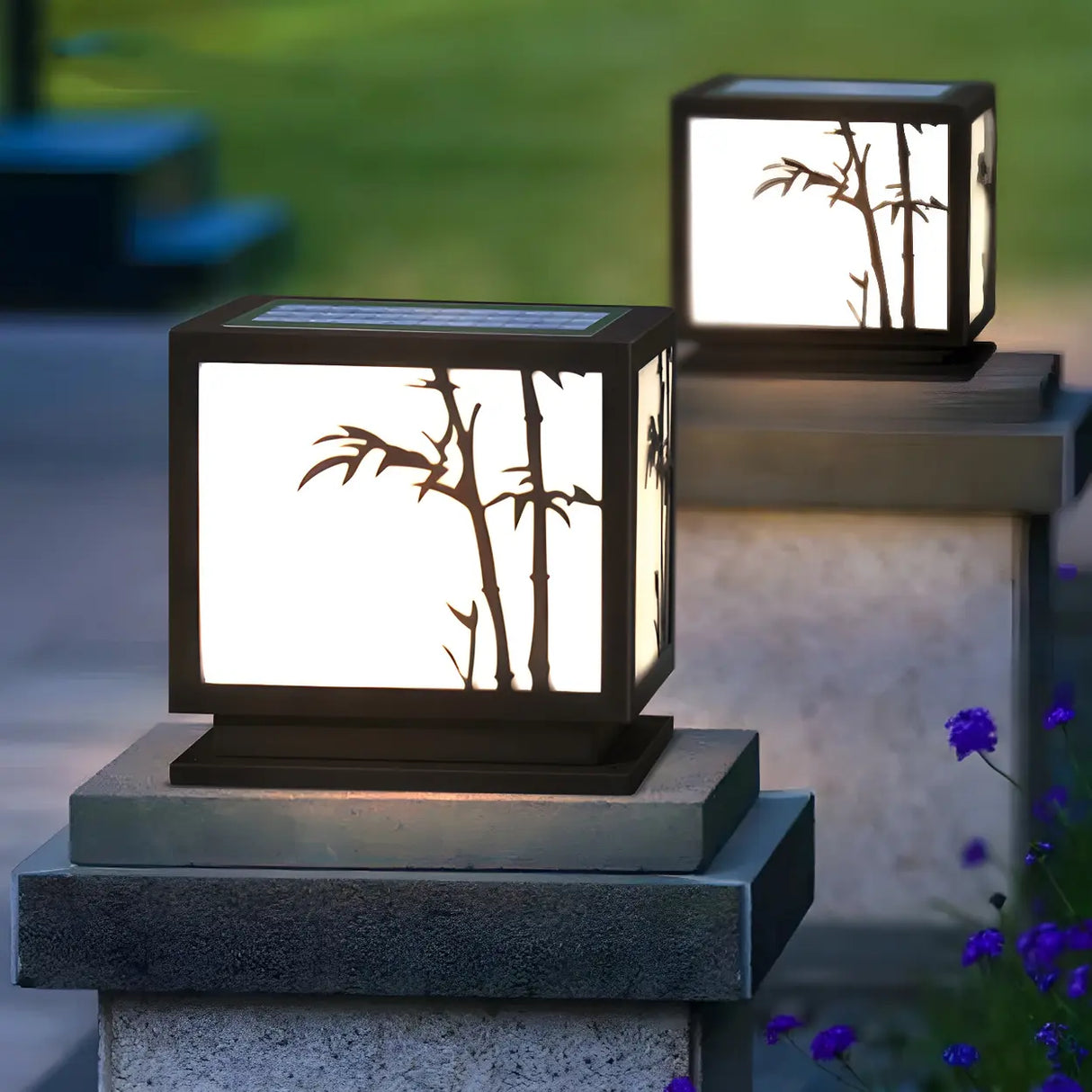 Simple Square Solar Garden Bamboo Decor Outdoor Lamp Image - 4