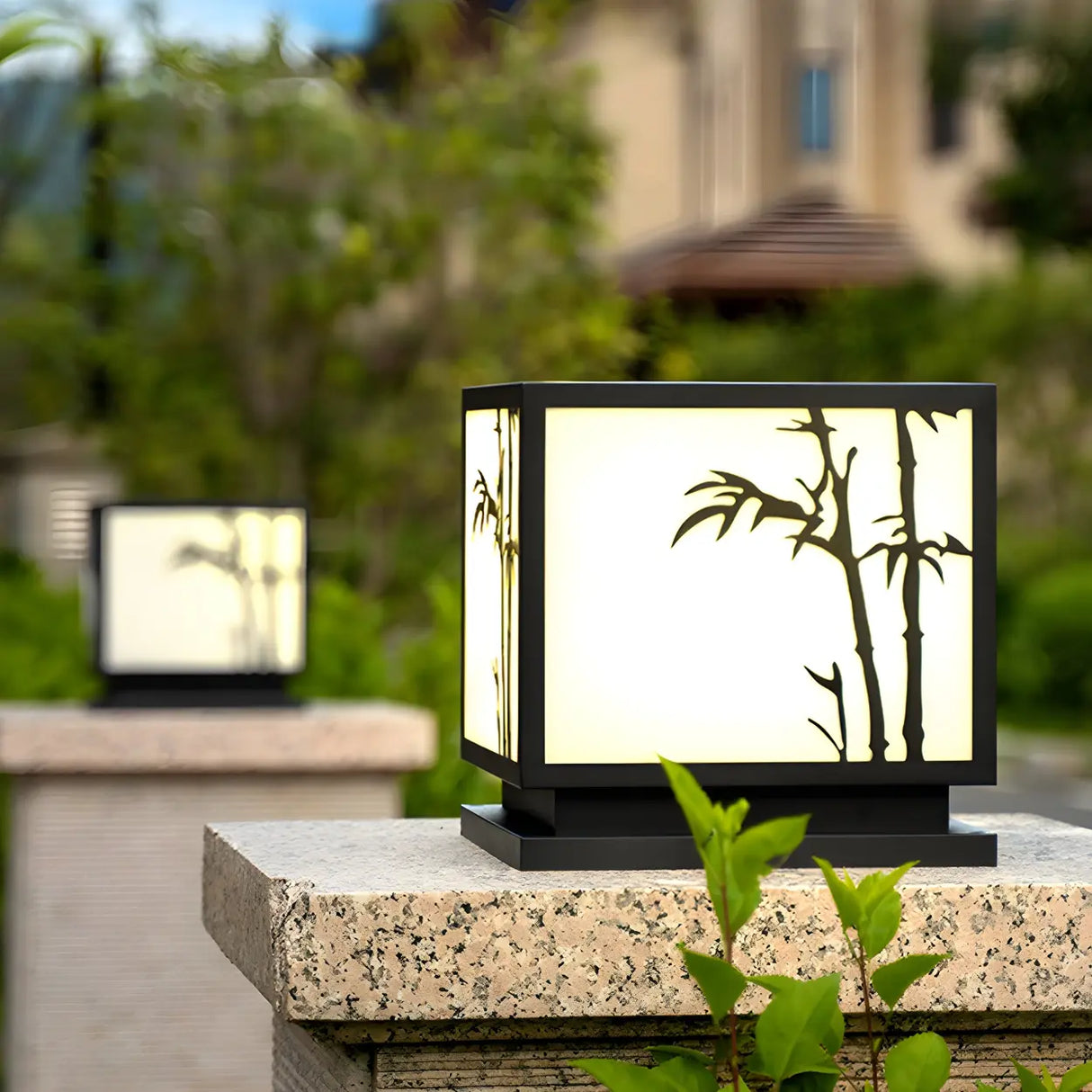 Simple Square Solar Garden Bamboo Decor Outdoor Lamp Image - 6