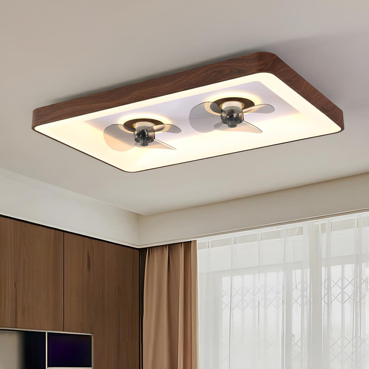 Simple Square Walnut Double LED Ceiling Fan with Light Image - 1