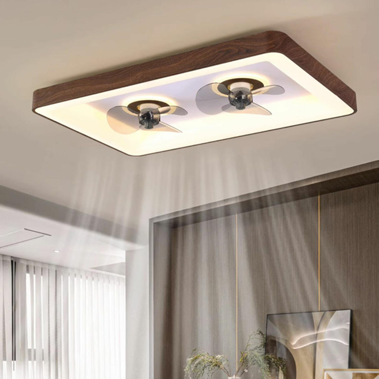 Simple Square Walnut Double LED Ceiling Fan with Light Image - 11