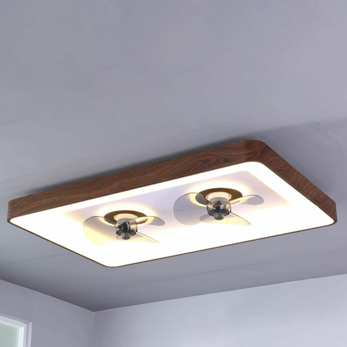 Simple Square Walnut Double LED Ceiling Fan with Light Image - 12