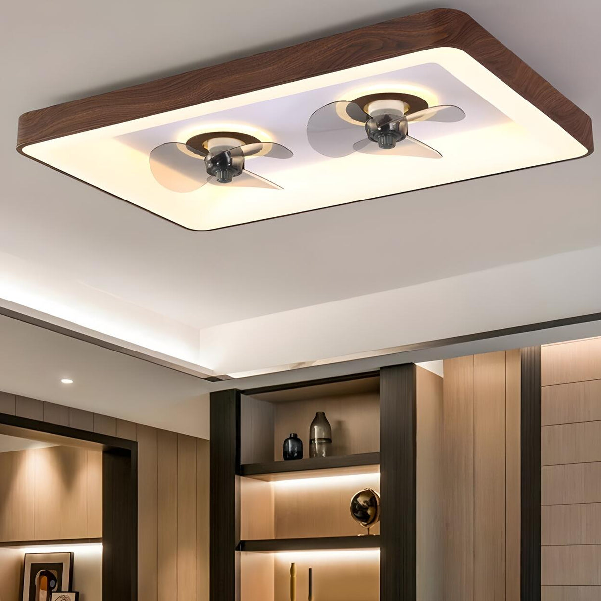 Simple Square Walnut Double LED Ceiling Fan with Light Image - 4