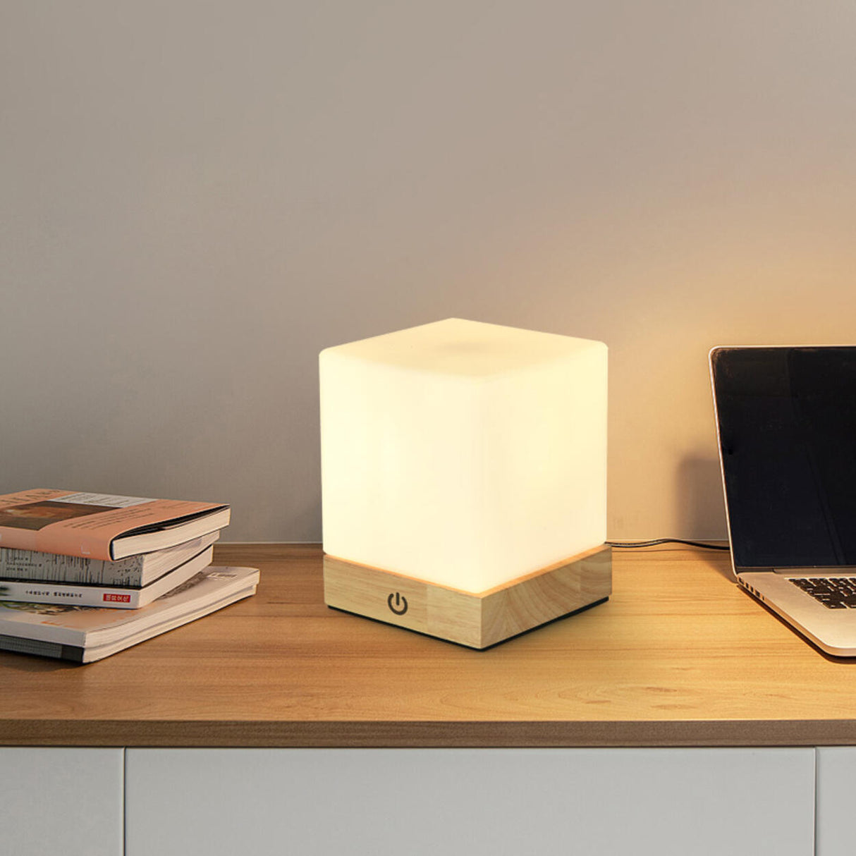 Simple Square Wooden Bedside Lamp with Touch Switch Image - 2