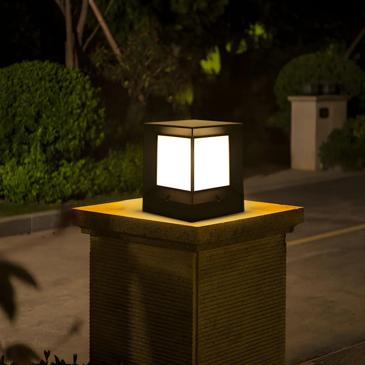 Simple Stylish Cube White LED Post Outdoor Table Lamp Image - 5