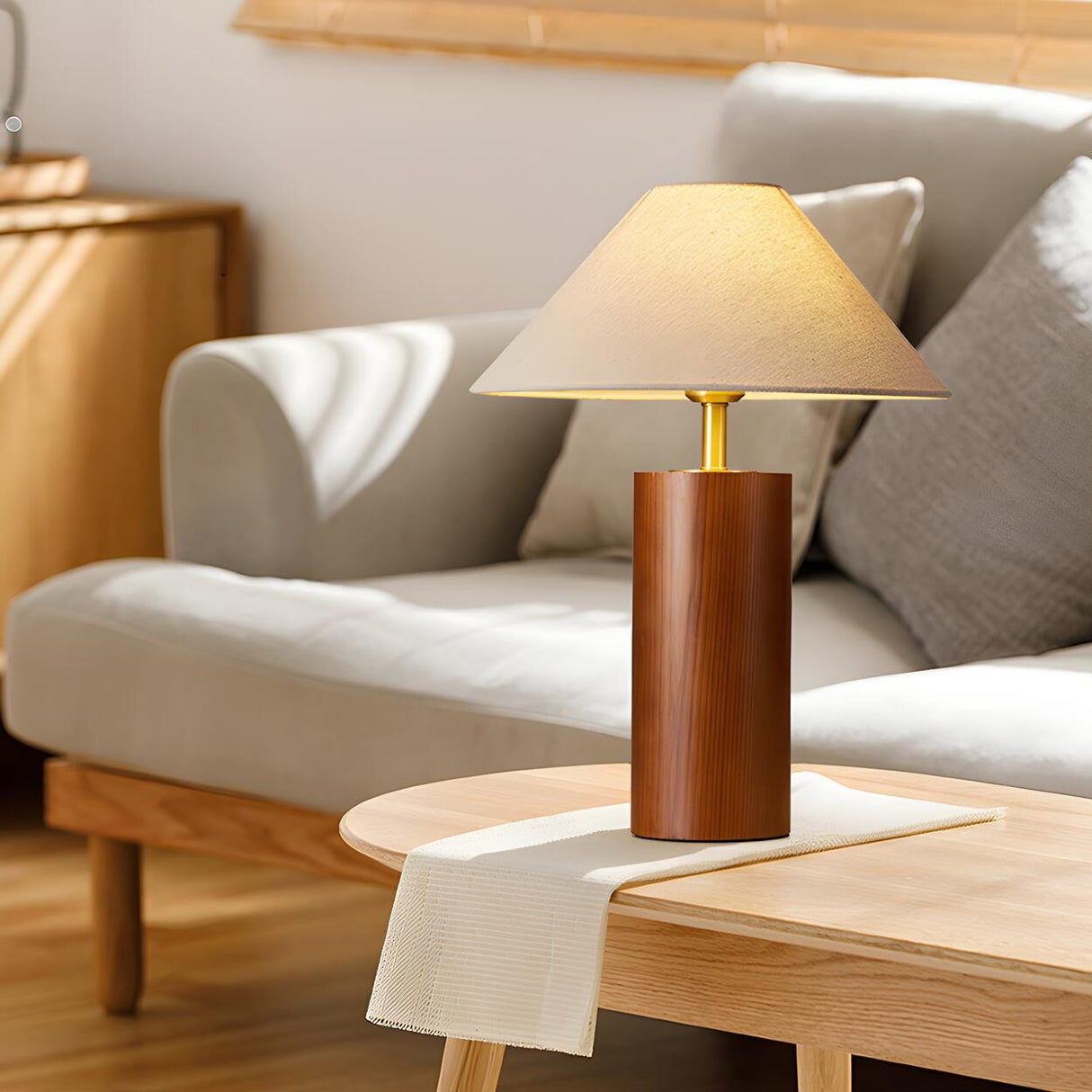 Simple Tapered Fabric Shade Column Wooden Table Lamp Image - 12