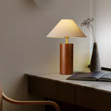 Simple Tapered Fabric Shade Column Wooden Table Lamp Image - 4